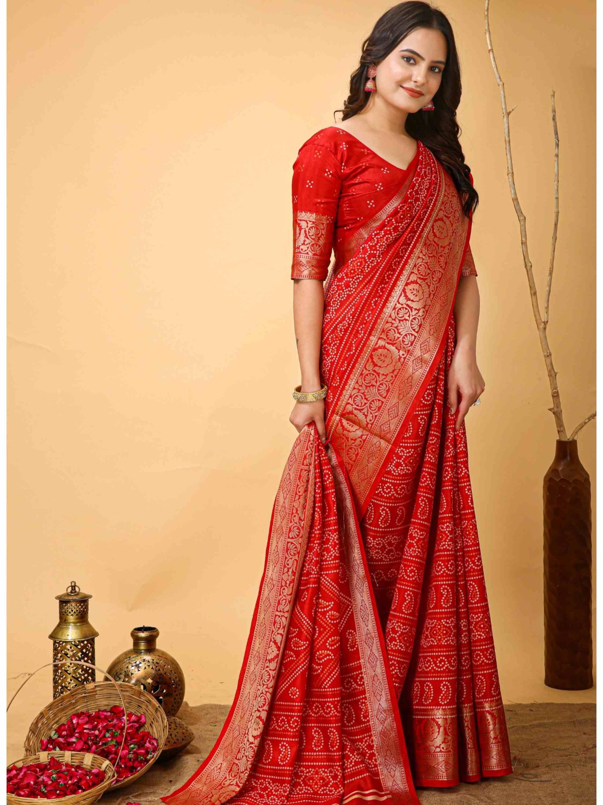Red Bandhani Printed Saree