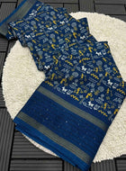 Teal Blue Cotton Dola Silk Saree