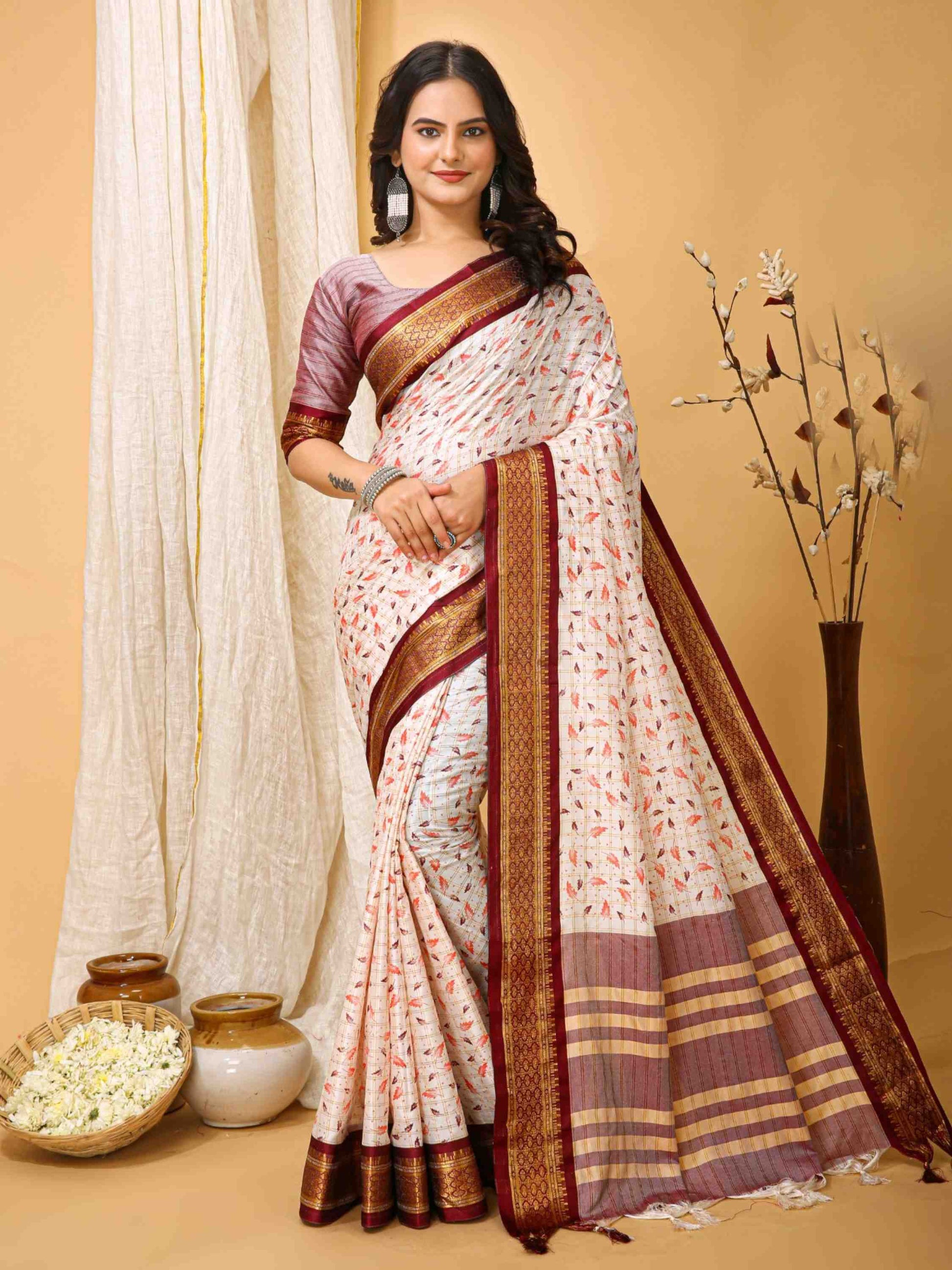 White-Maroon Dola Silk Cotton Saree