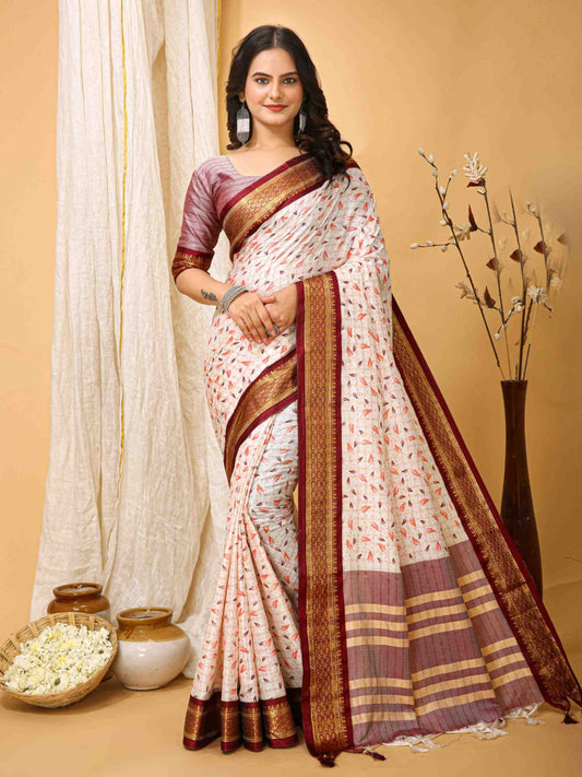 White-Maroon Dola Silk Cotton Saree