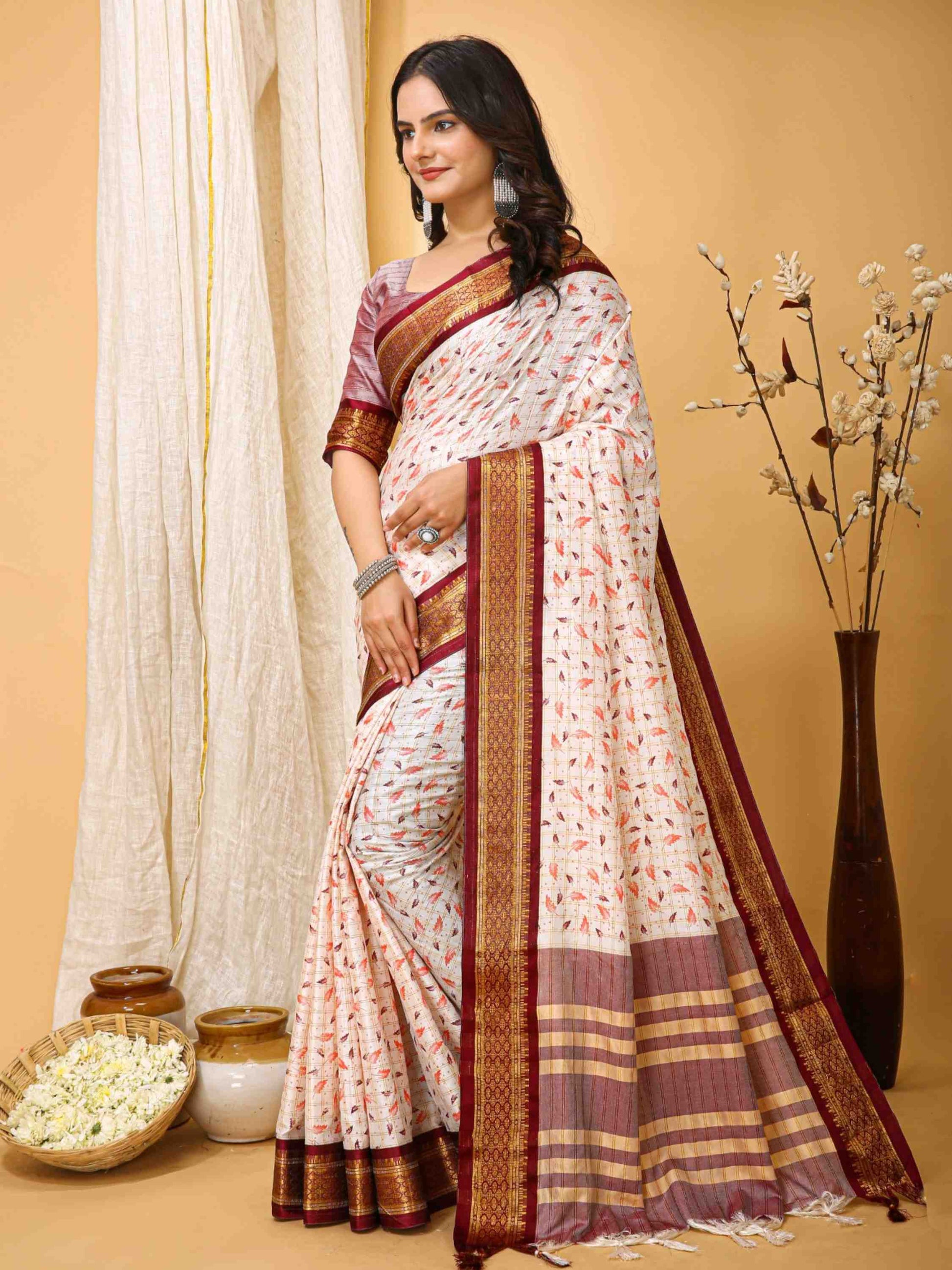White-Maroon Dola Silk Cotton Saree