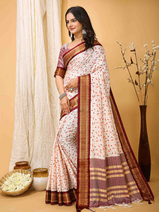 White-Maroon Dola Silk Cotton Saree