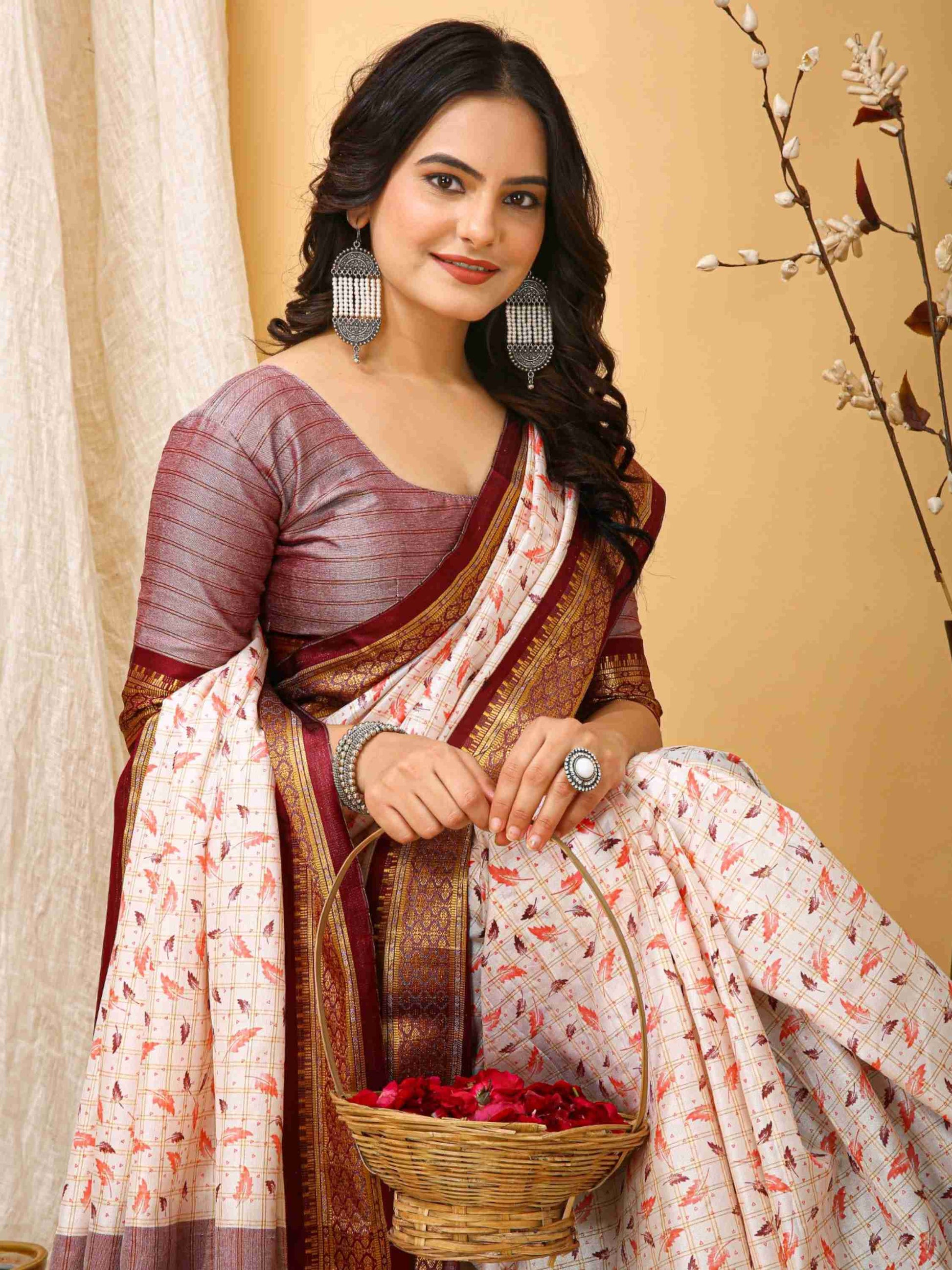 White-Maroon Dola Silk Cotton Saree