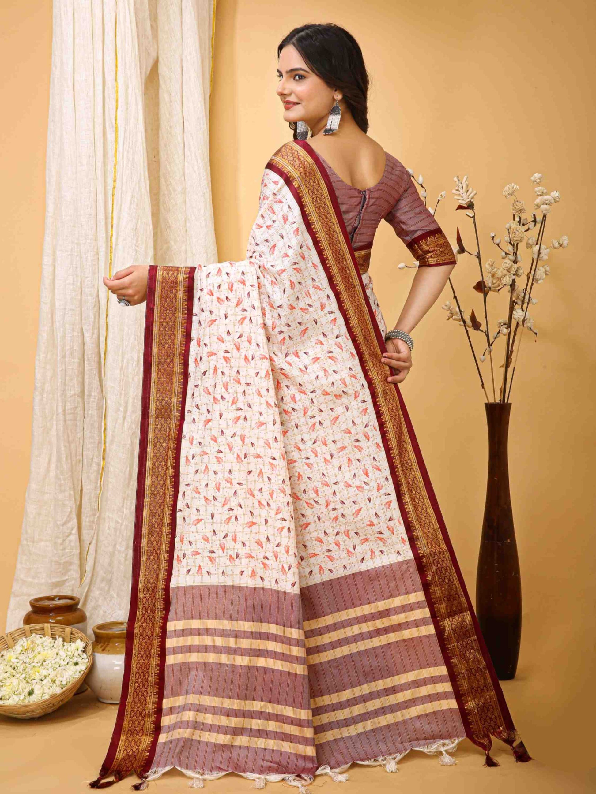 White-Maroon Dola Silk Cotton Saree