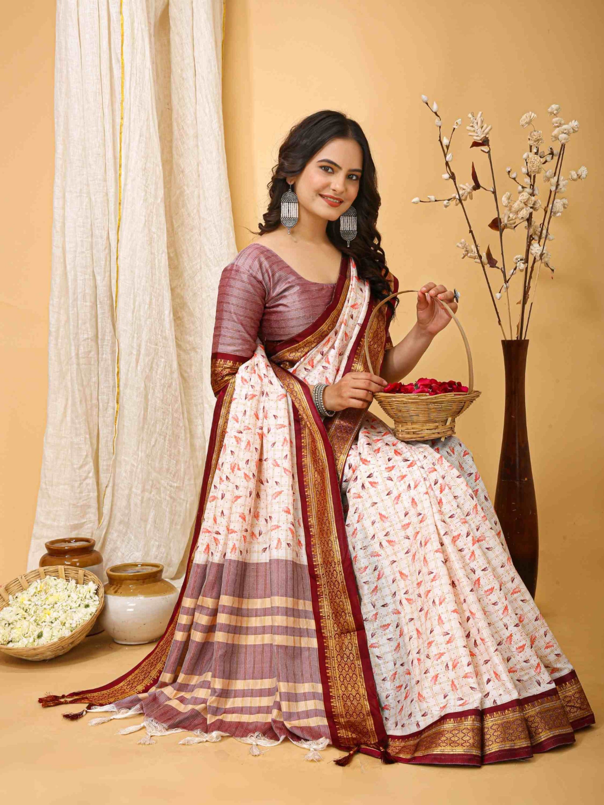 White-Maroon Dola Silk Cotton Saree