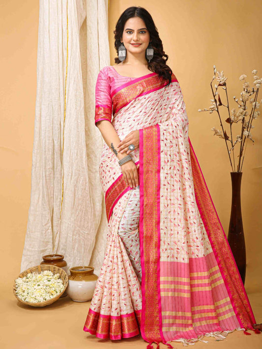 White-Pink Dola Silk Cotton Saree