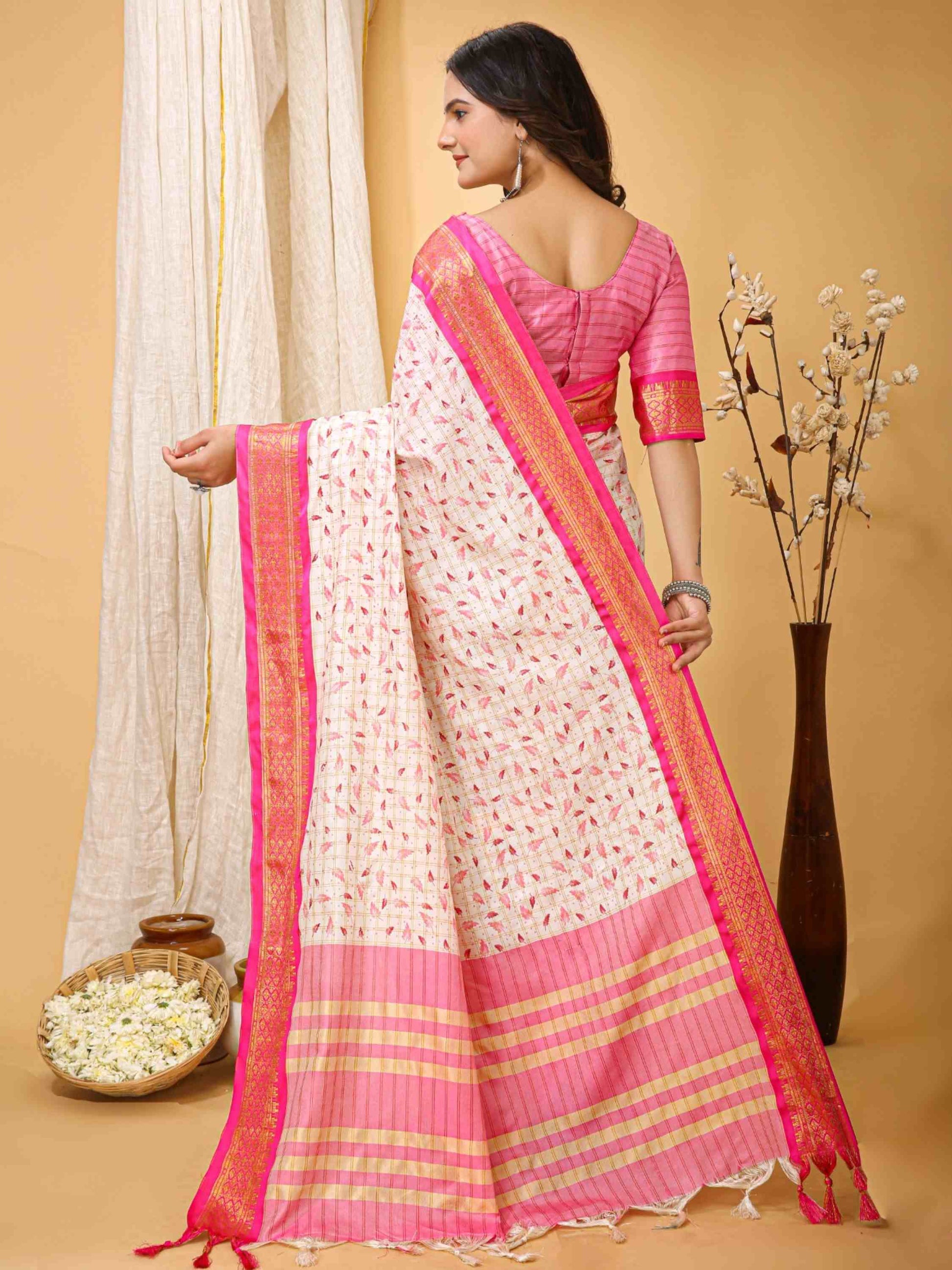 White-Pink Dola Silk Cotton Saree