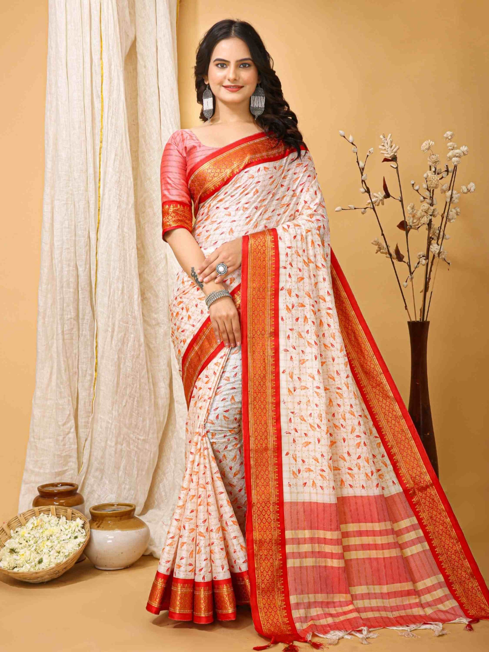White-Red Dola Silk Cotton Saree