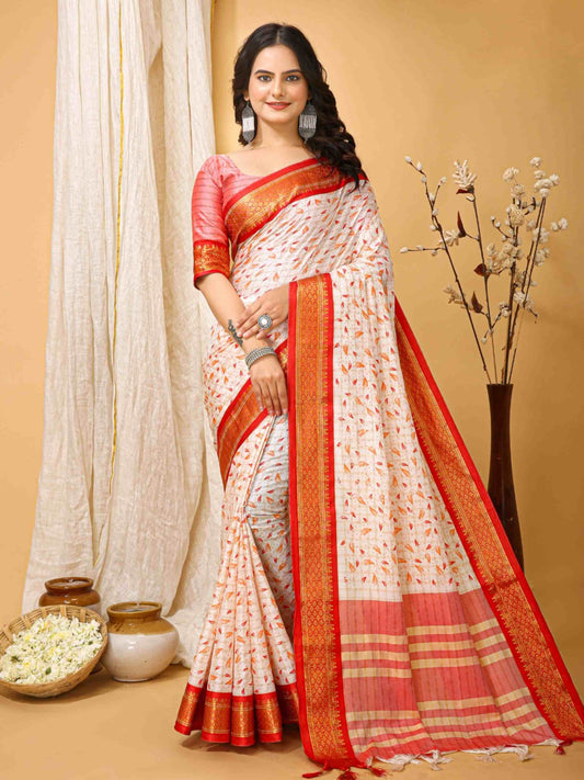 White-Red Dola Silk Cotton Saree