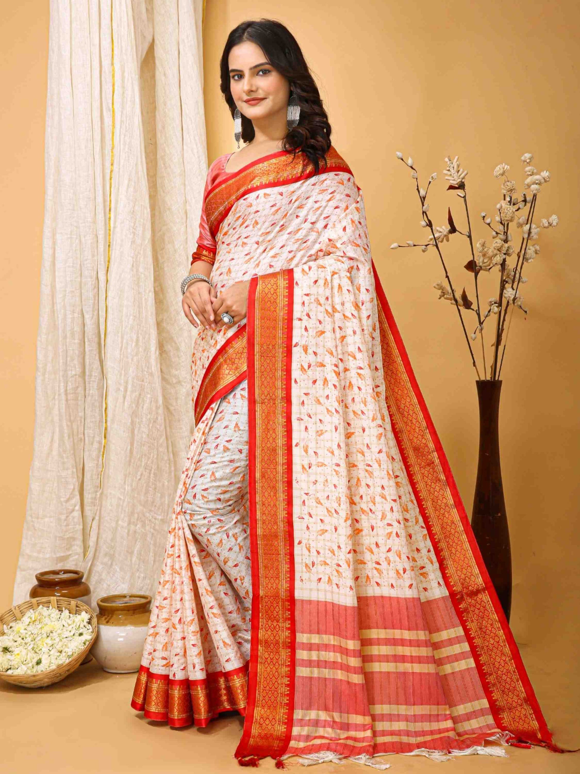 White-Red Dola Silk Cotton Saree