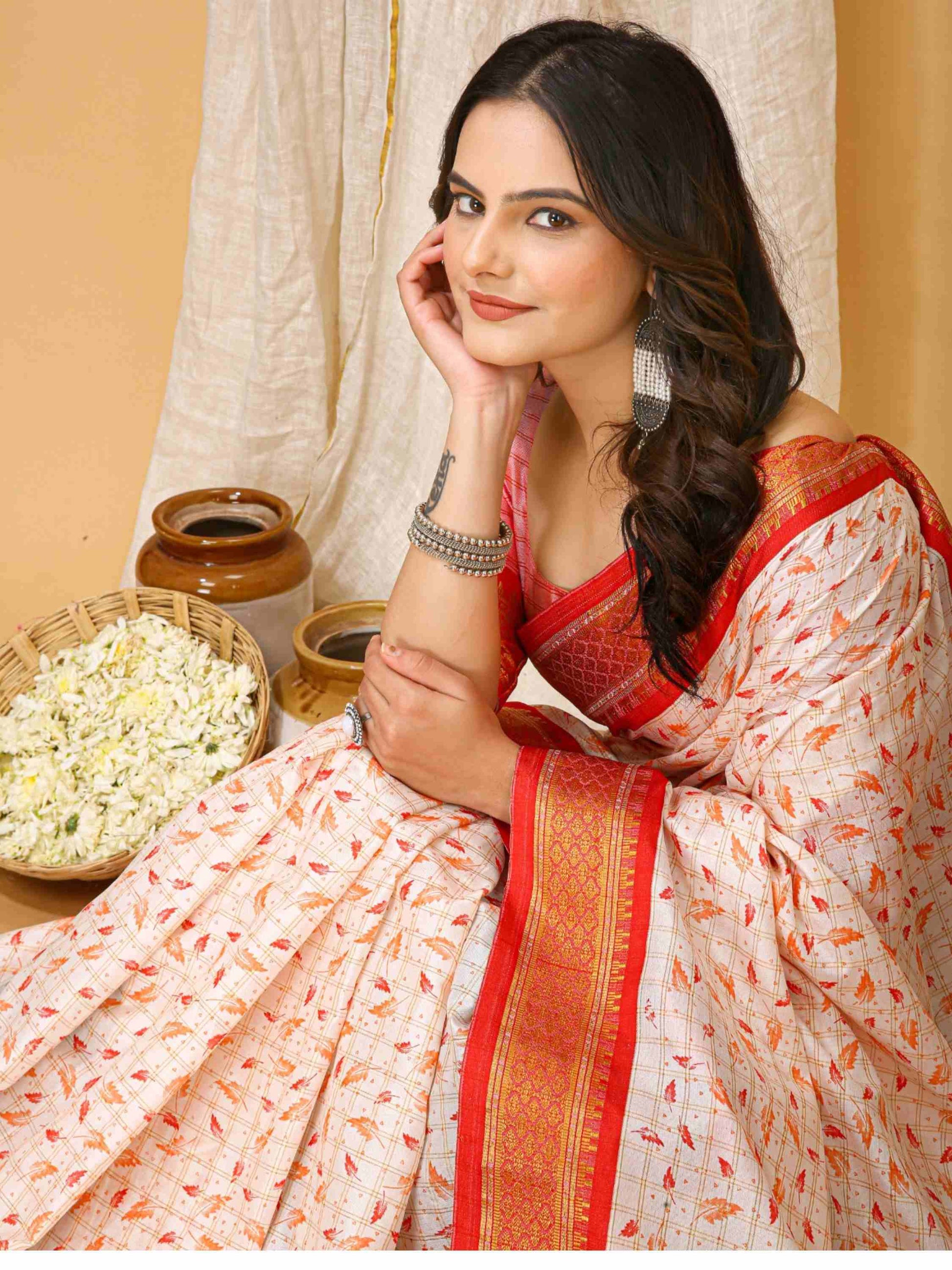 White-Red Dola Silk Cotton Saree