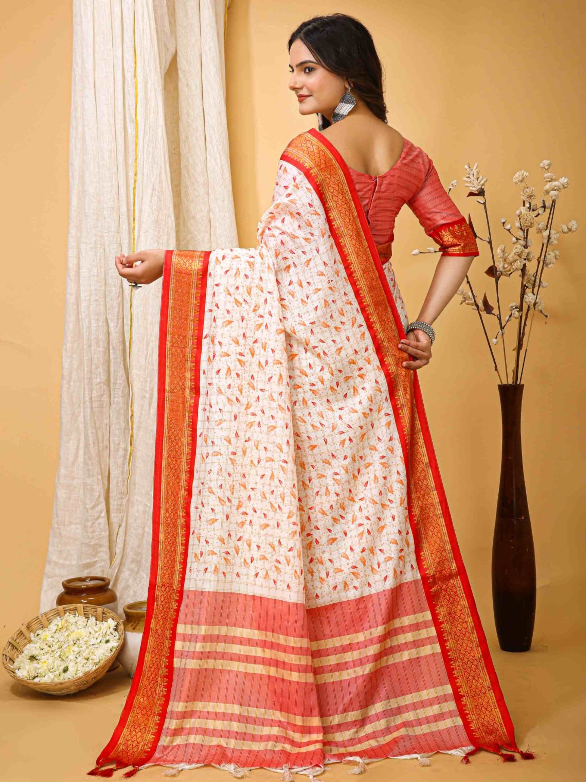 White-Red Dola Silk Cotton Saree