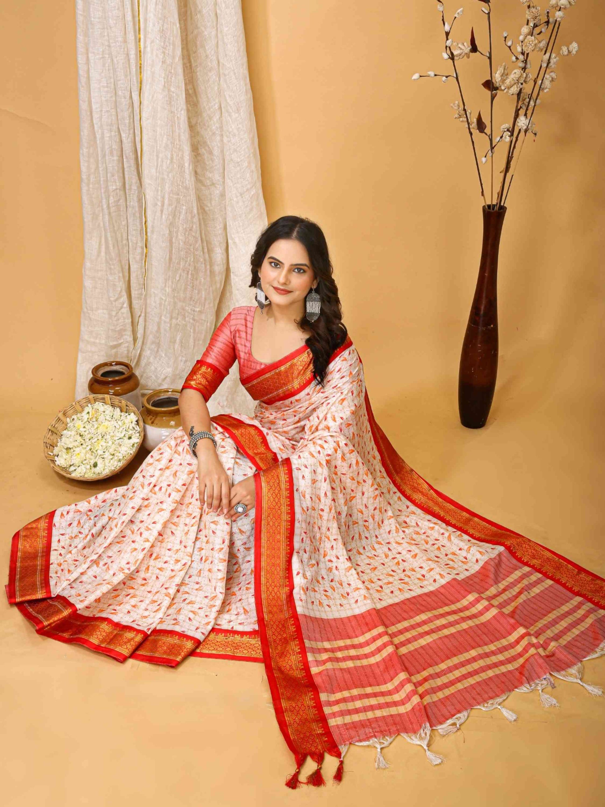 White-Red Dola Silk Cotton Saree