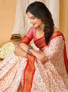 White-Red Dola Silk Cotton Saree