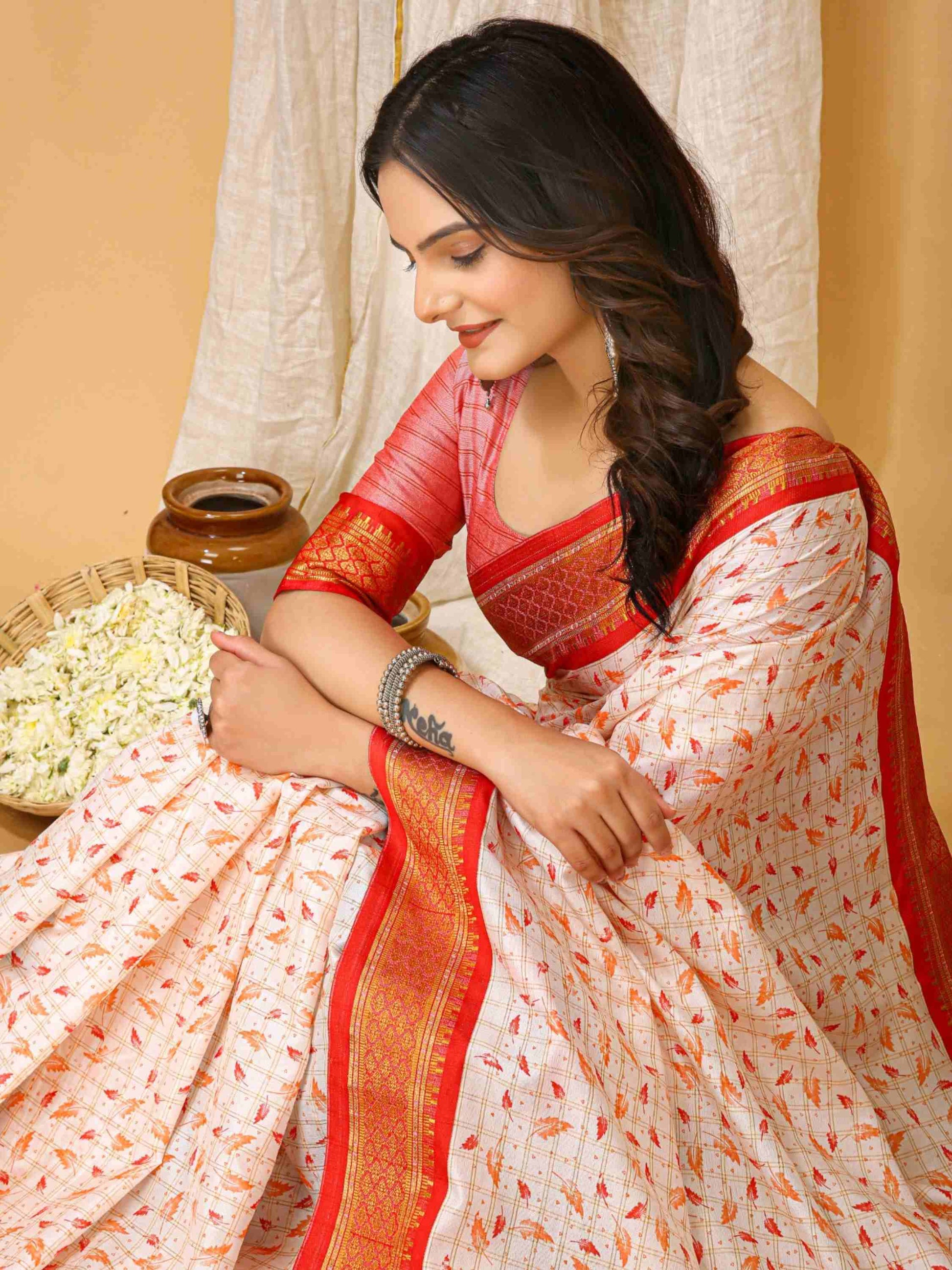 White-Red Dola Silk Cotton Saree