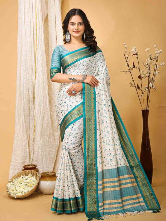 White-Turquoise Dola Silk Cotton Saree