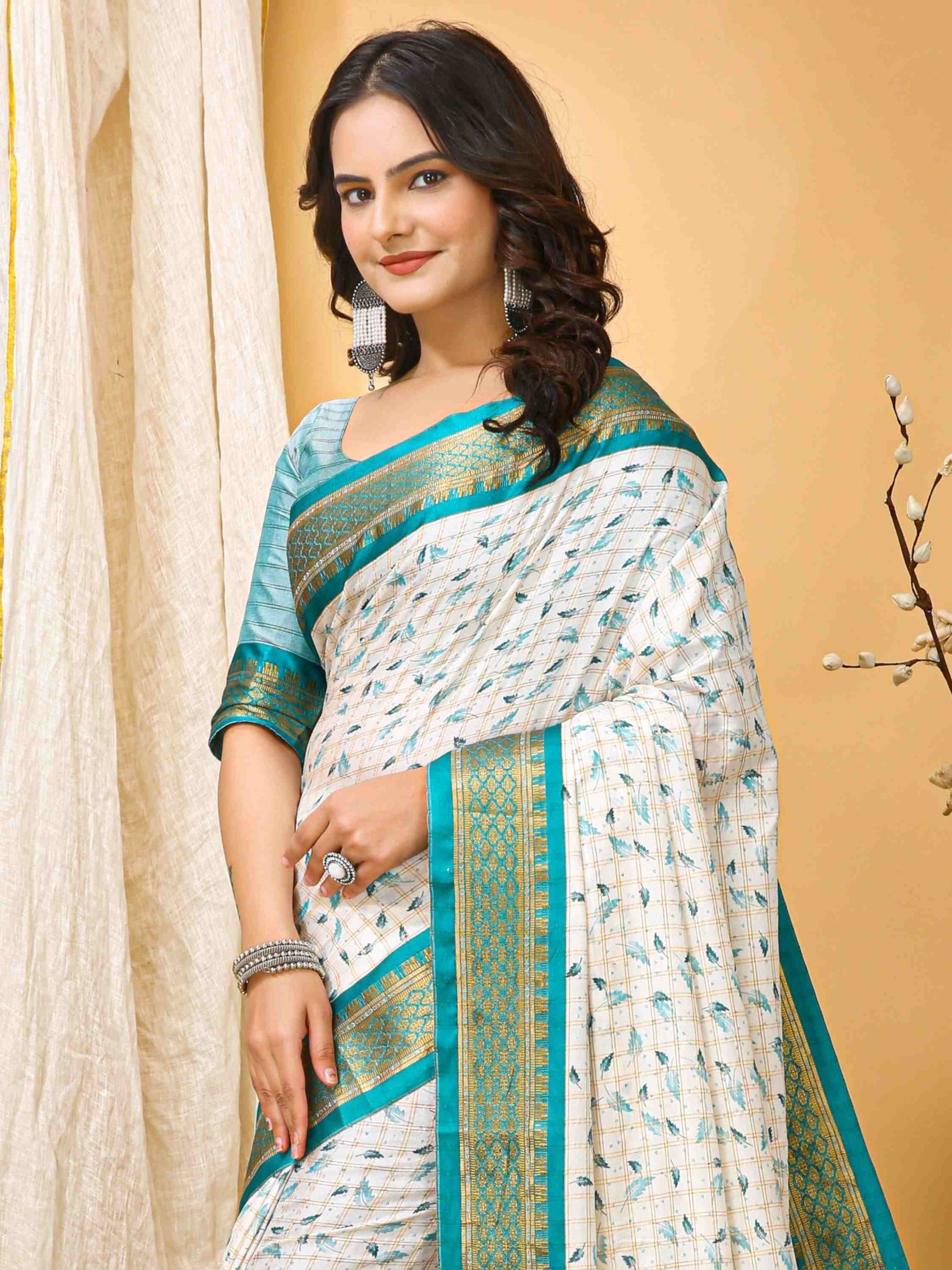 White-Turquoise Dola Silk Cotton Saree