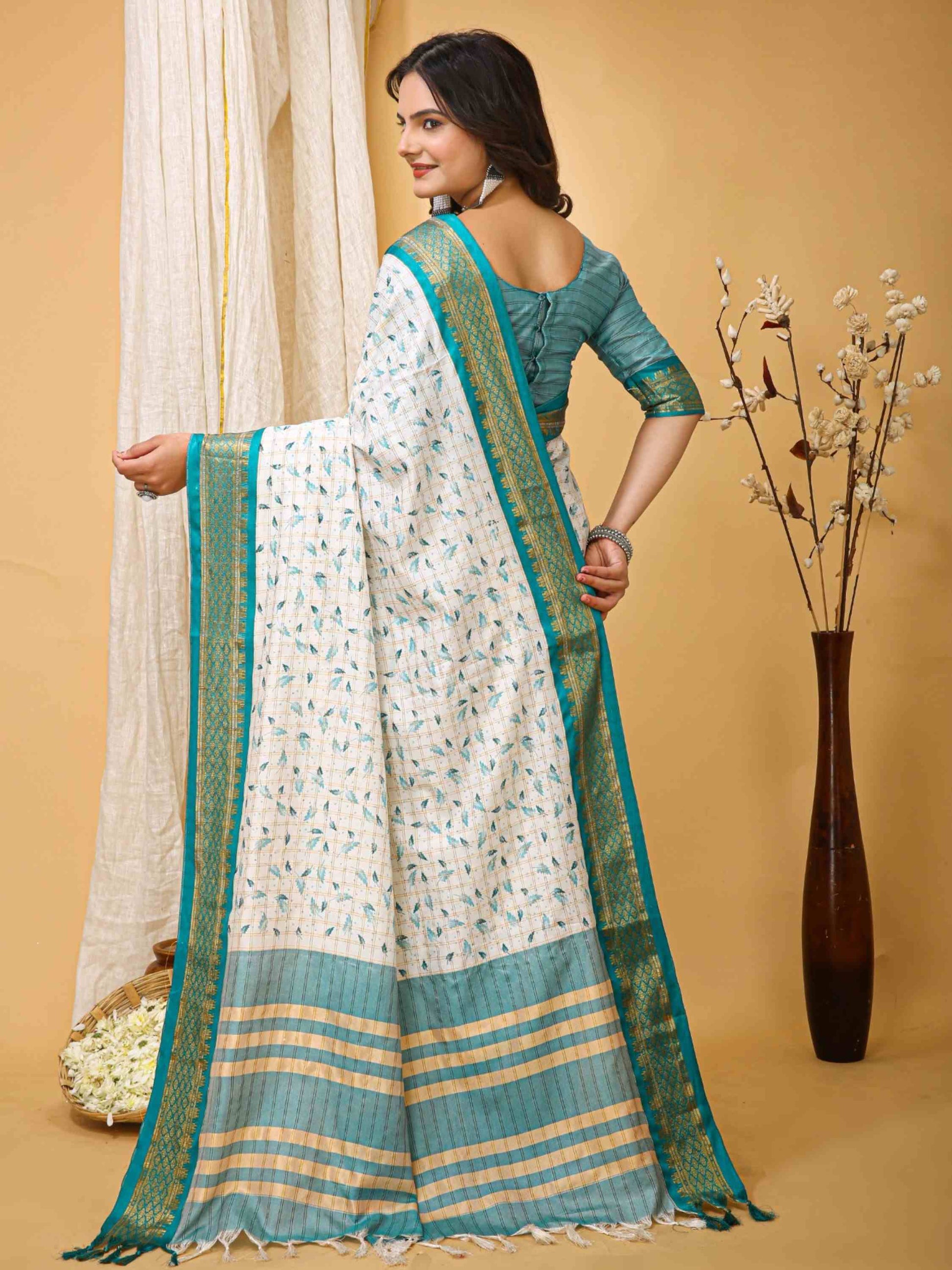 White-Turquoise Dola Silk Cotton Saree
