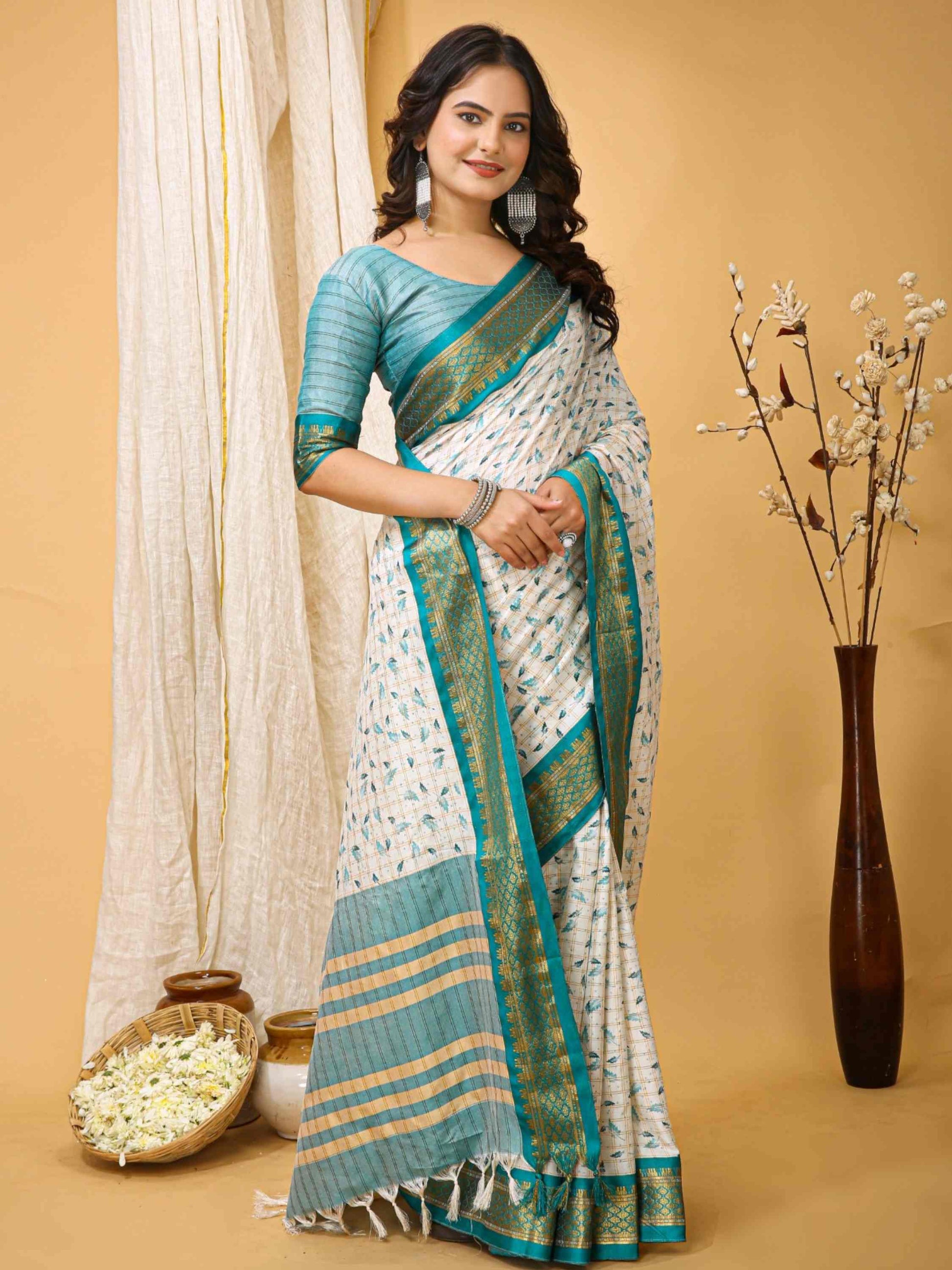 White-Turquoise Dola Silk Cotton Saree