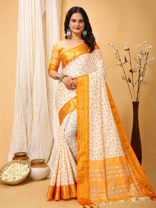 White-Yellow Dola Silk Cotton Saree
