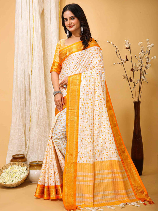White-Yellow Dola Silk Cotton Saree