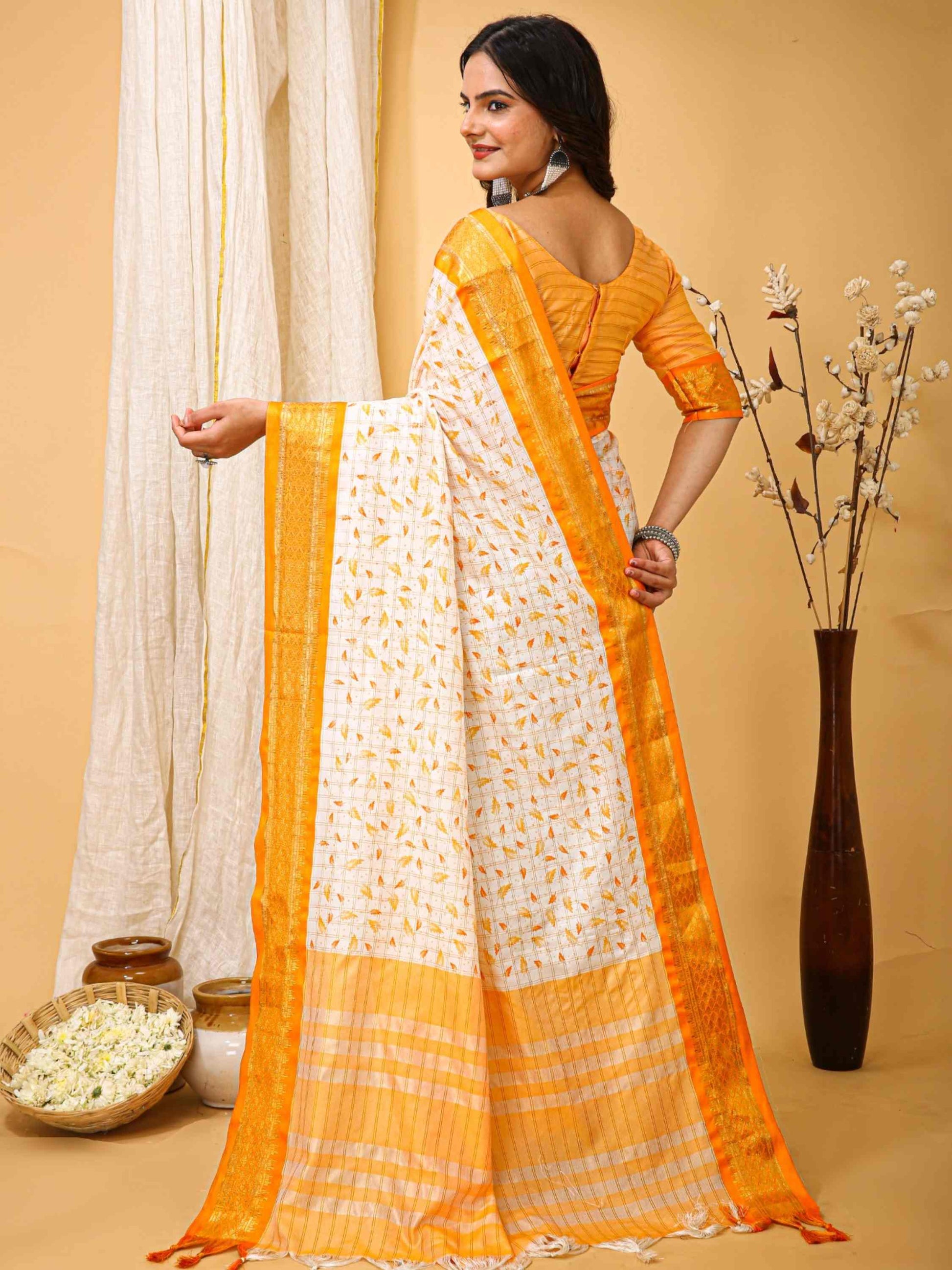 White-Yellow Dola Silk Cotton Saree