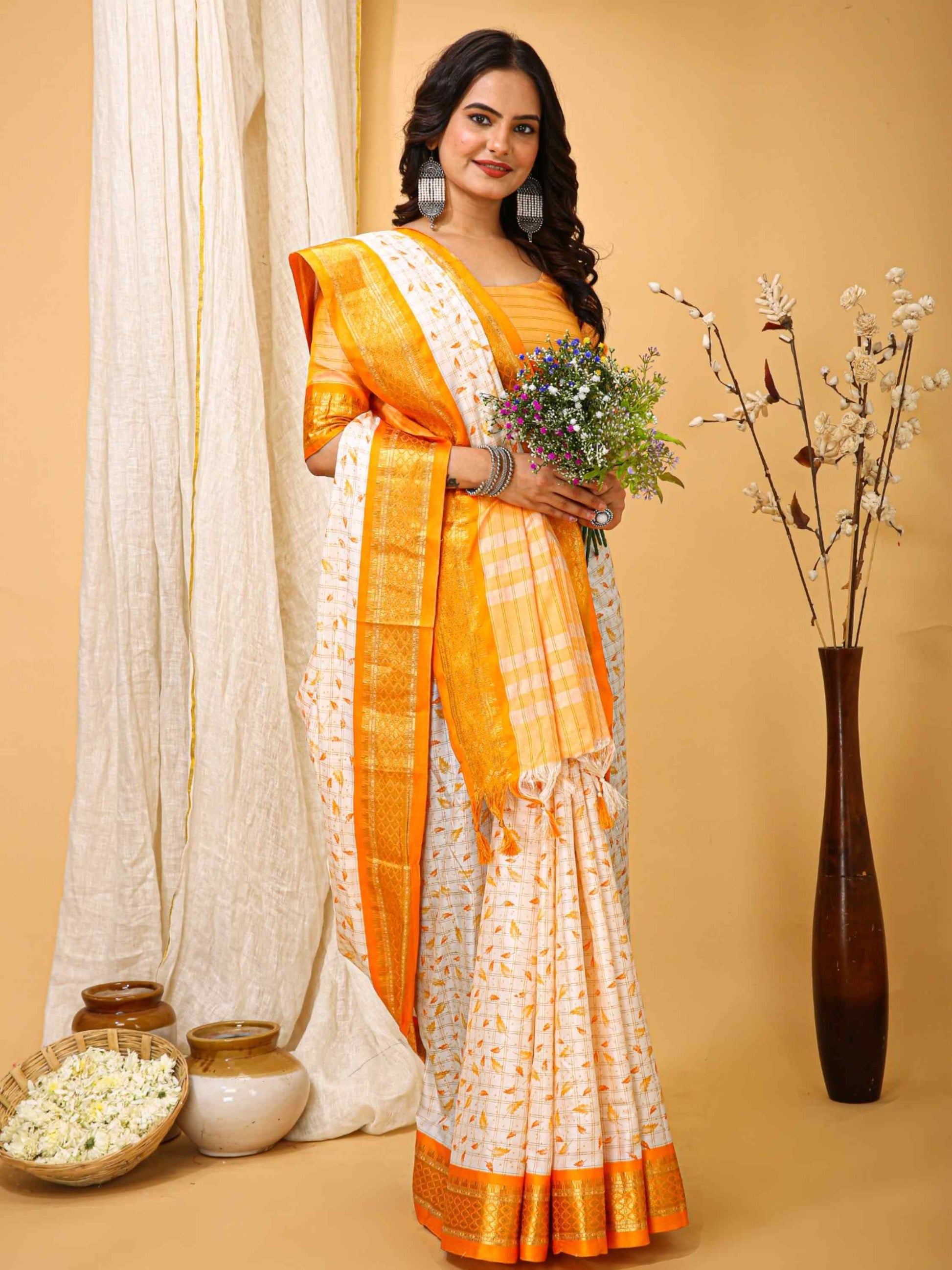 White-Yellow Dola Silk Cotton Saree