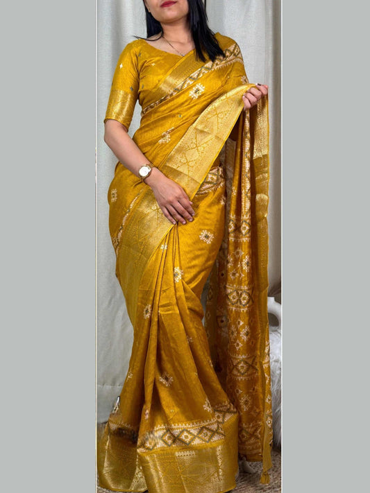 Yellow Cotton Silk Saree