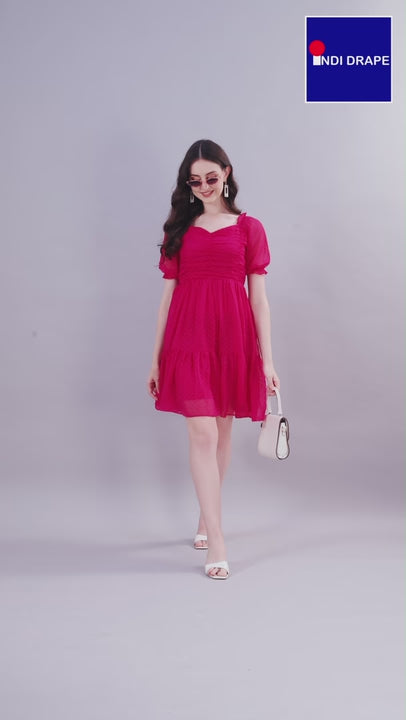 Pink Chiffon Midi Western Dress with Pocket