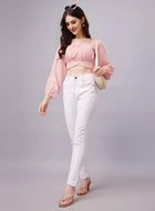 Beige Chiffon Crop Top with Bow