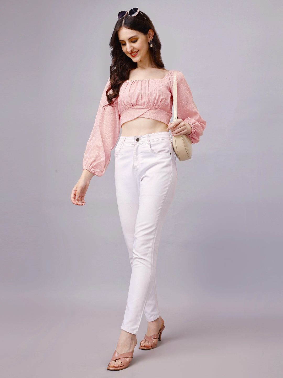 Beige Chiffon Crop Top with Bow